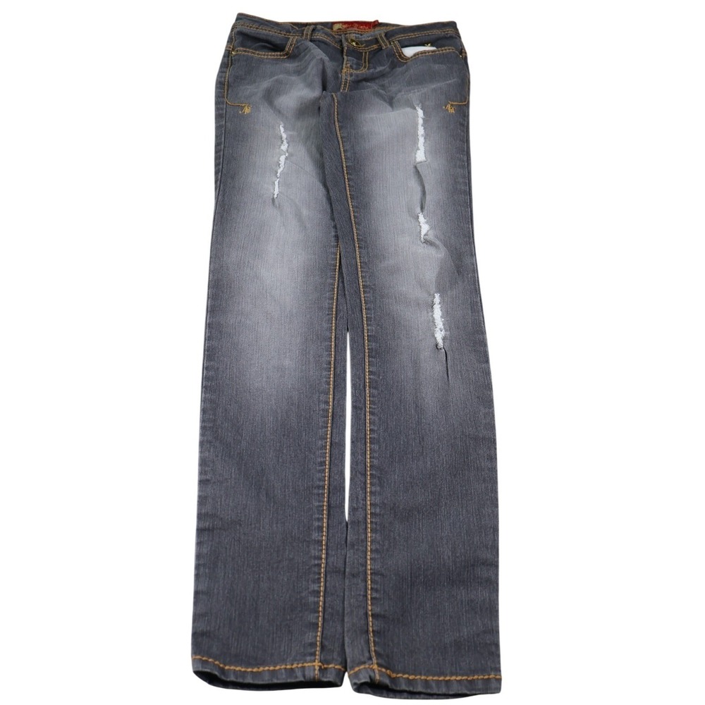 VTG Y2K Apple Bottoms Juniors 7/8 Gray Slim Medium Wash Distressed Denim